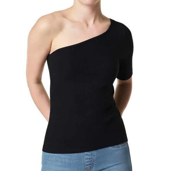 Spanx Rib One Shoulder Top Lg Black Short Sleeve Stretch NWT - Picture 1 of 4